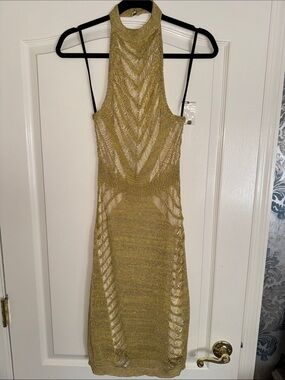 Vintage bebe Gold Metallic Halter Knit Mini Dress